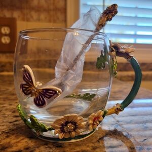 CLEARANCE Floral Glass Mug with Butterfly Design